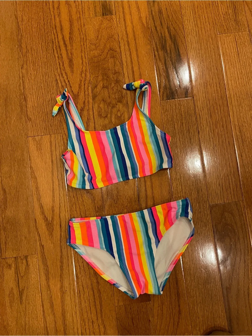 Cat & Jack Girl's 2-Piece Colorful Rainbow Stripe Swimsuit Bikini Size 8 medium